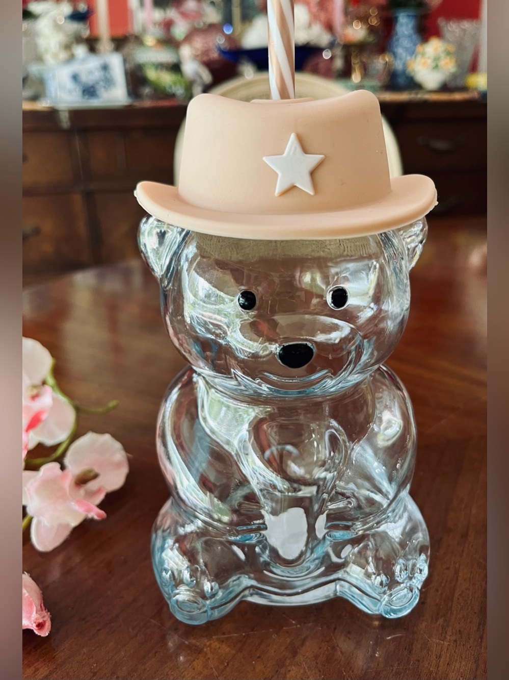 NWT Viral Cowboy Bear Glass Tumbler Cup with Hat Lid & Straw 19oz - SOLD OUT